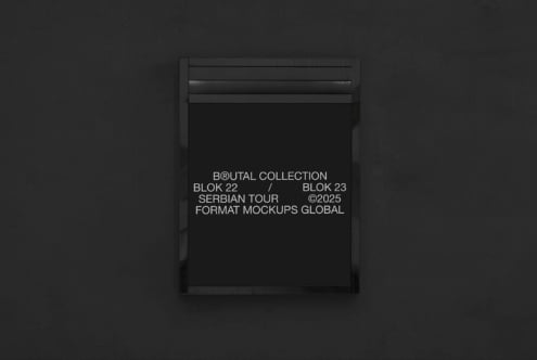 Black square frame mockup on dark wall with centered text layout visible