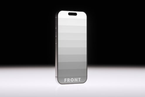 Black iPhone standing straight with grayscale striped screen