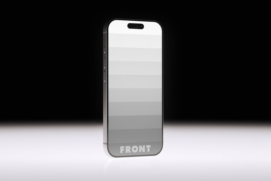 Black iPhone standing straight with grayscale striped screen