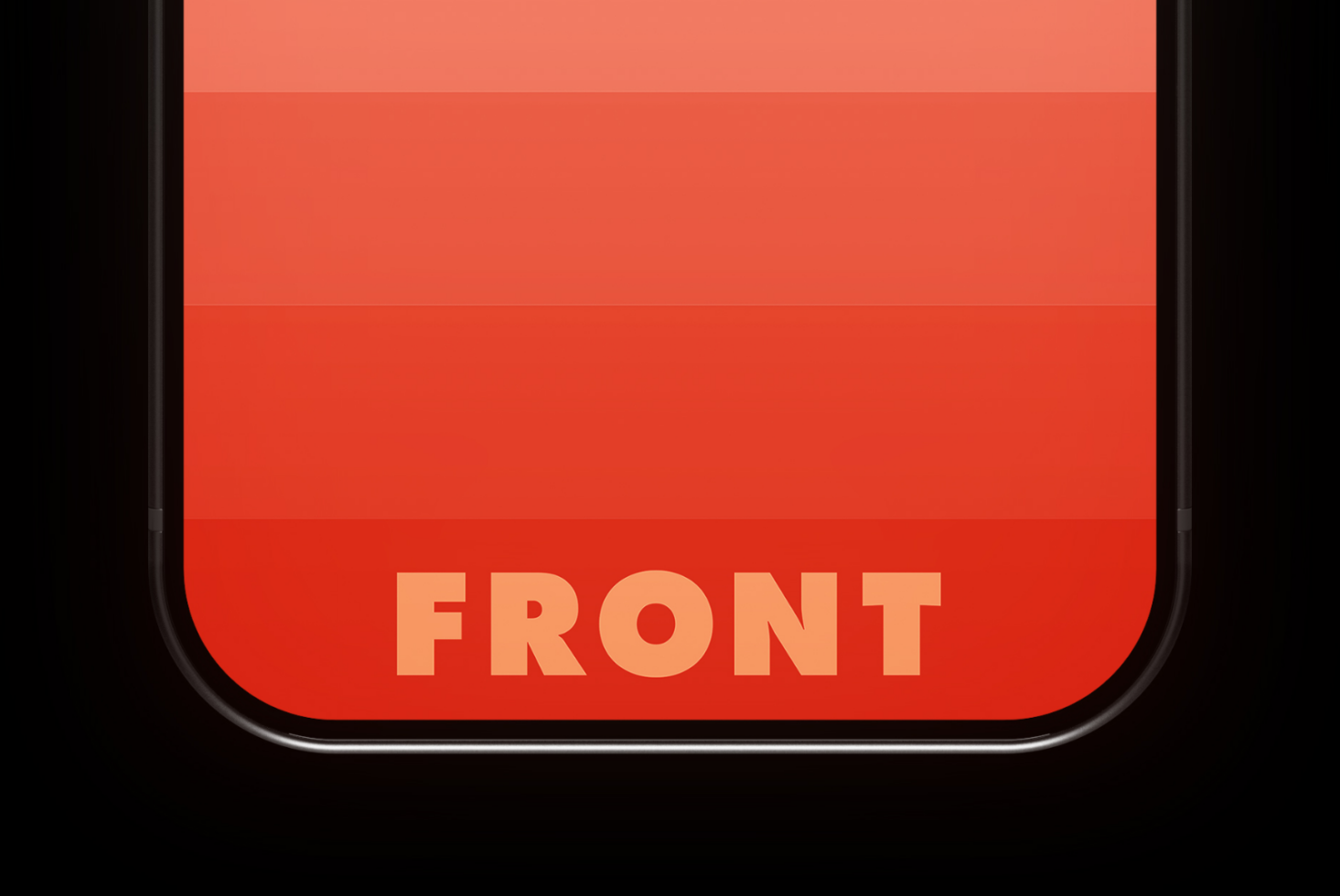 Red phone screen with FRONT text in orange gradient typography