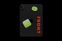 iPad back mockup with lime green stickers in dark layout