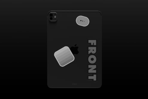 iPad back mockup with gray stickers in dark minimalist layout