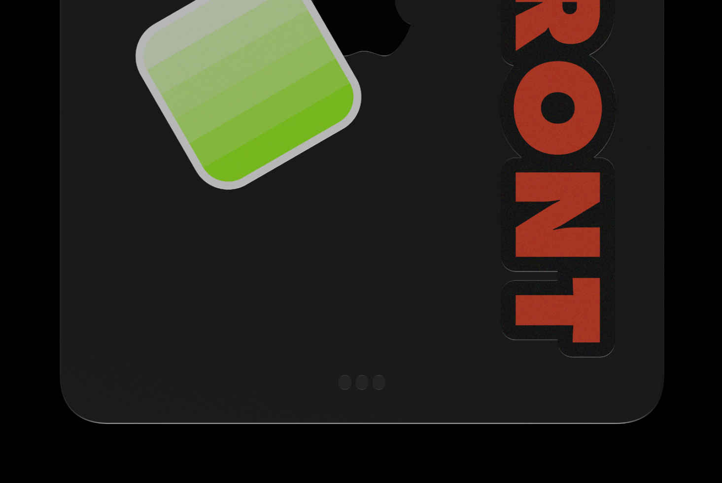 Phone mockup with green notification badge icon, red bold typography on black screen