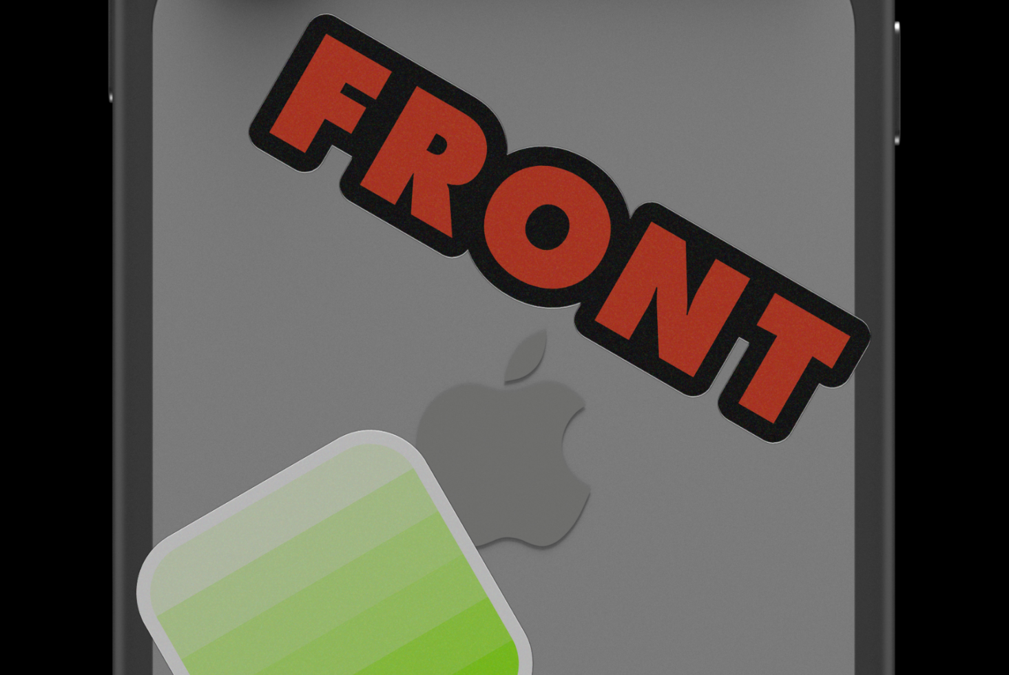 Smartphone with FRONT label showing green app icon sticker