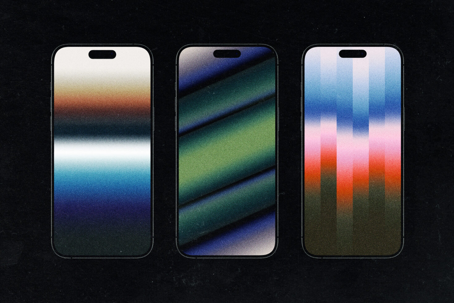 Three iPhone mockups displaying colorful gradient wallpapers with noise effect