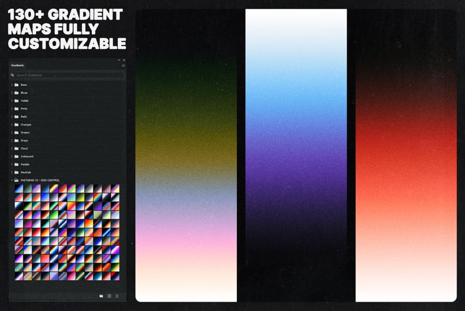 Gradient mapping interface showing 130+ color presets with sample swatches