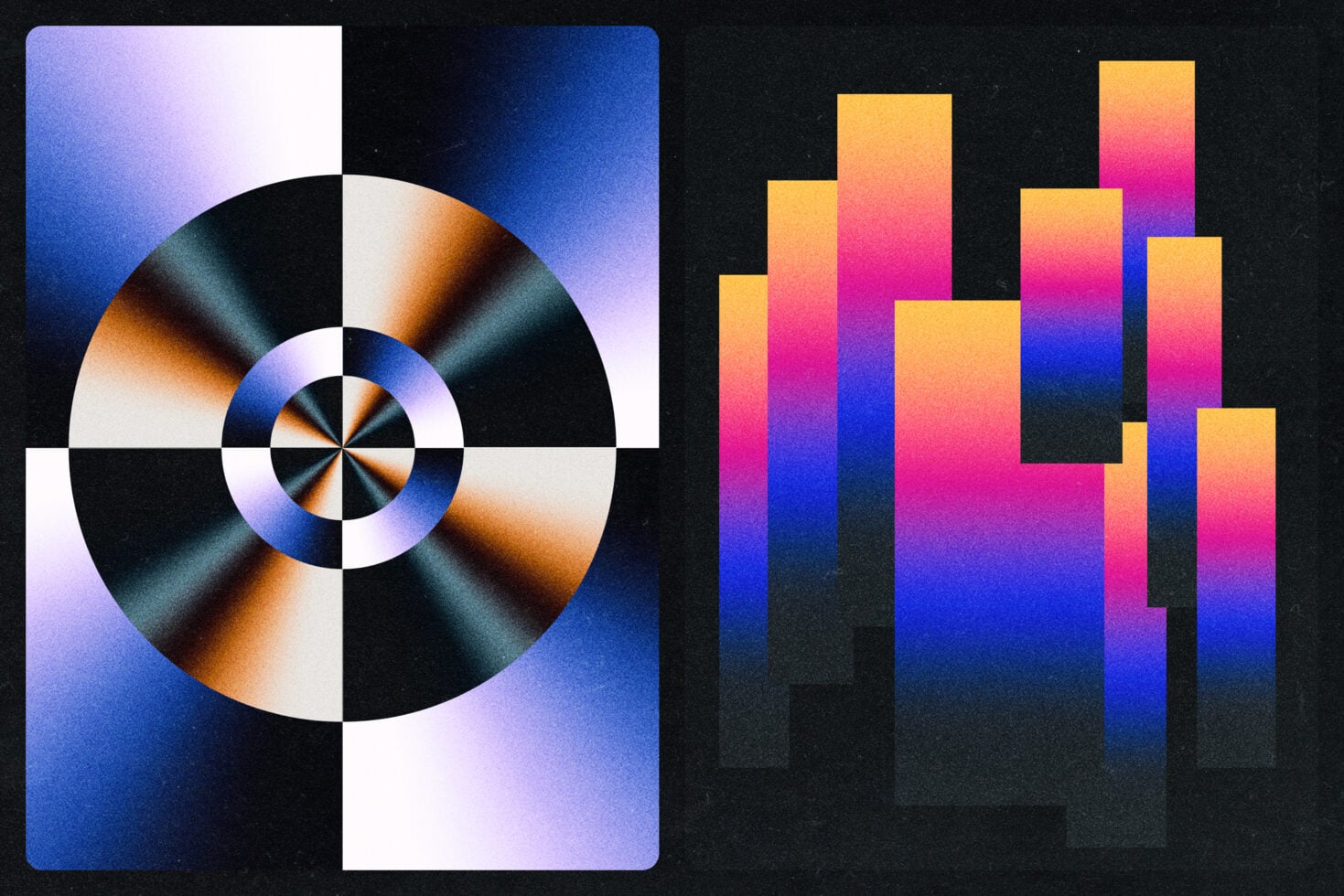 Radial gradient circles on left, vertical bar chart with vibrant colors on right
