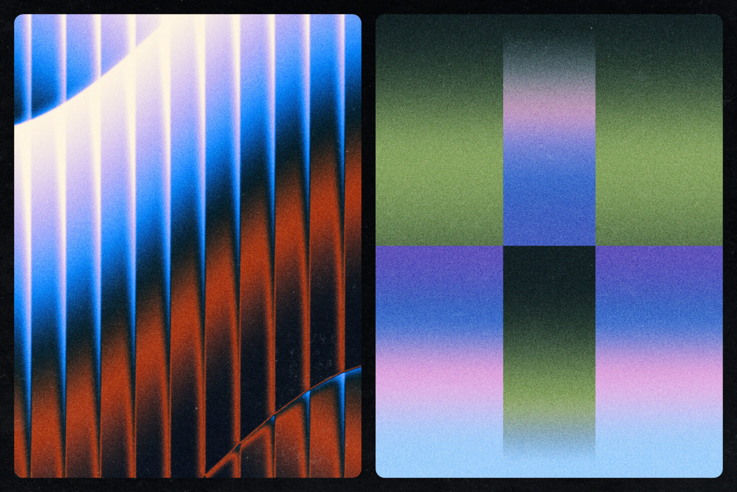 Split screen showing blue-to-red striped card on left, green-pink gradient blocks on right