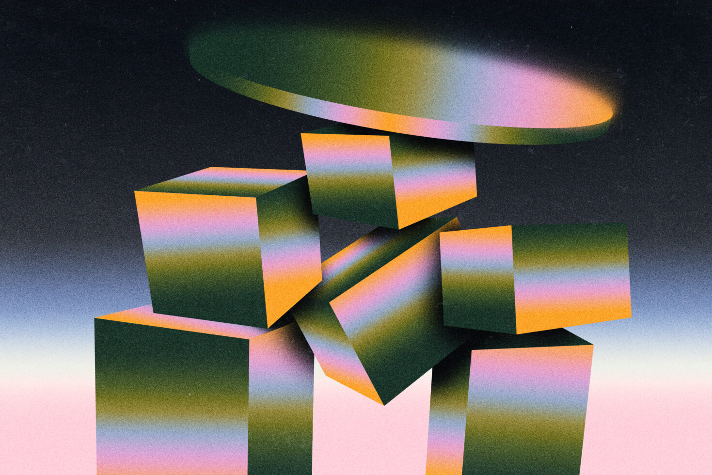 Stacked 3D gradient boxes with swirling colorful rings on dark background