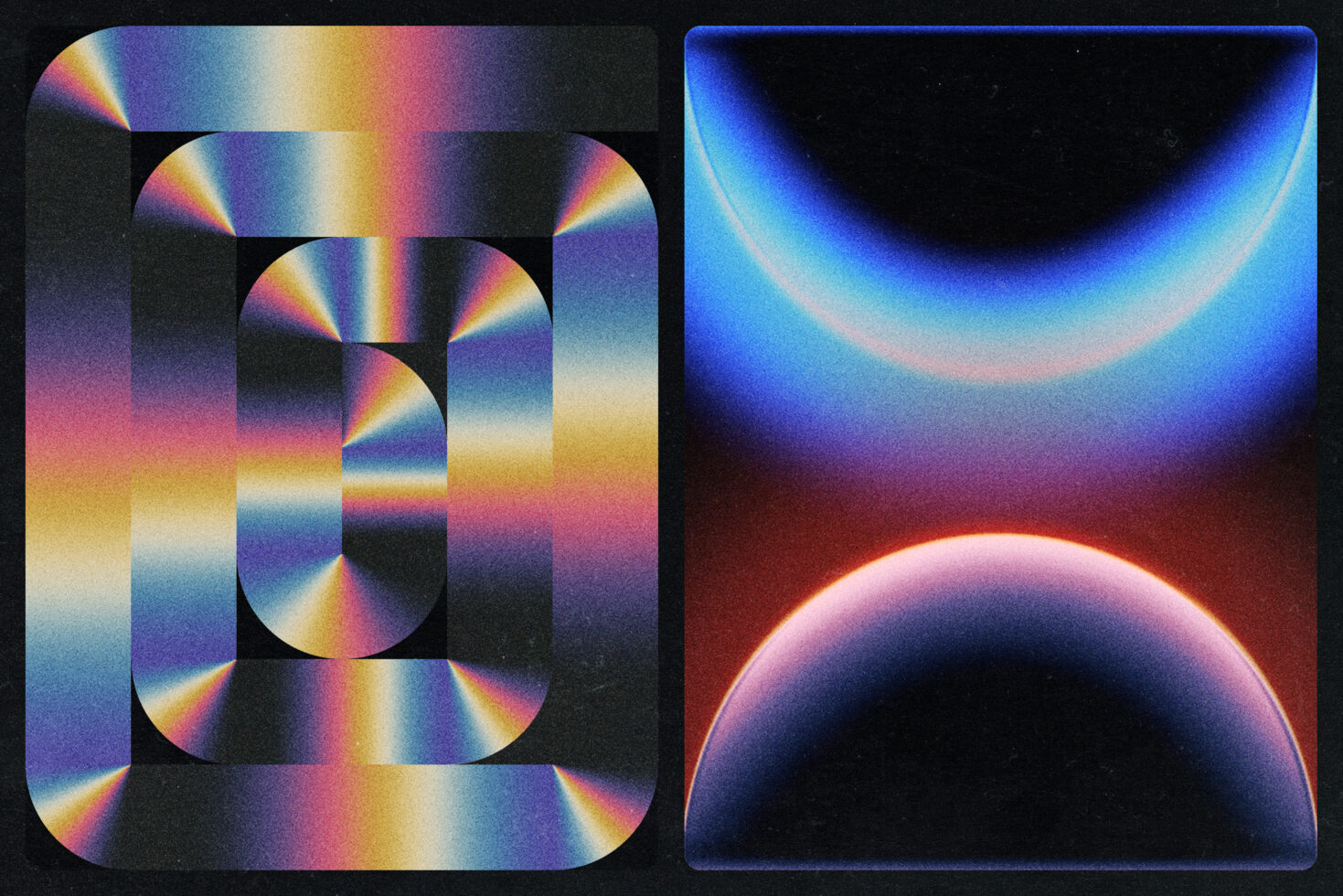 Iridescent discs with holographic gradient effect layered on colorful background