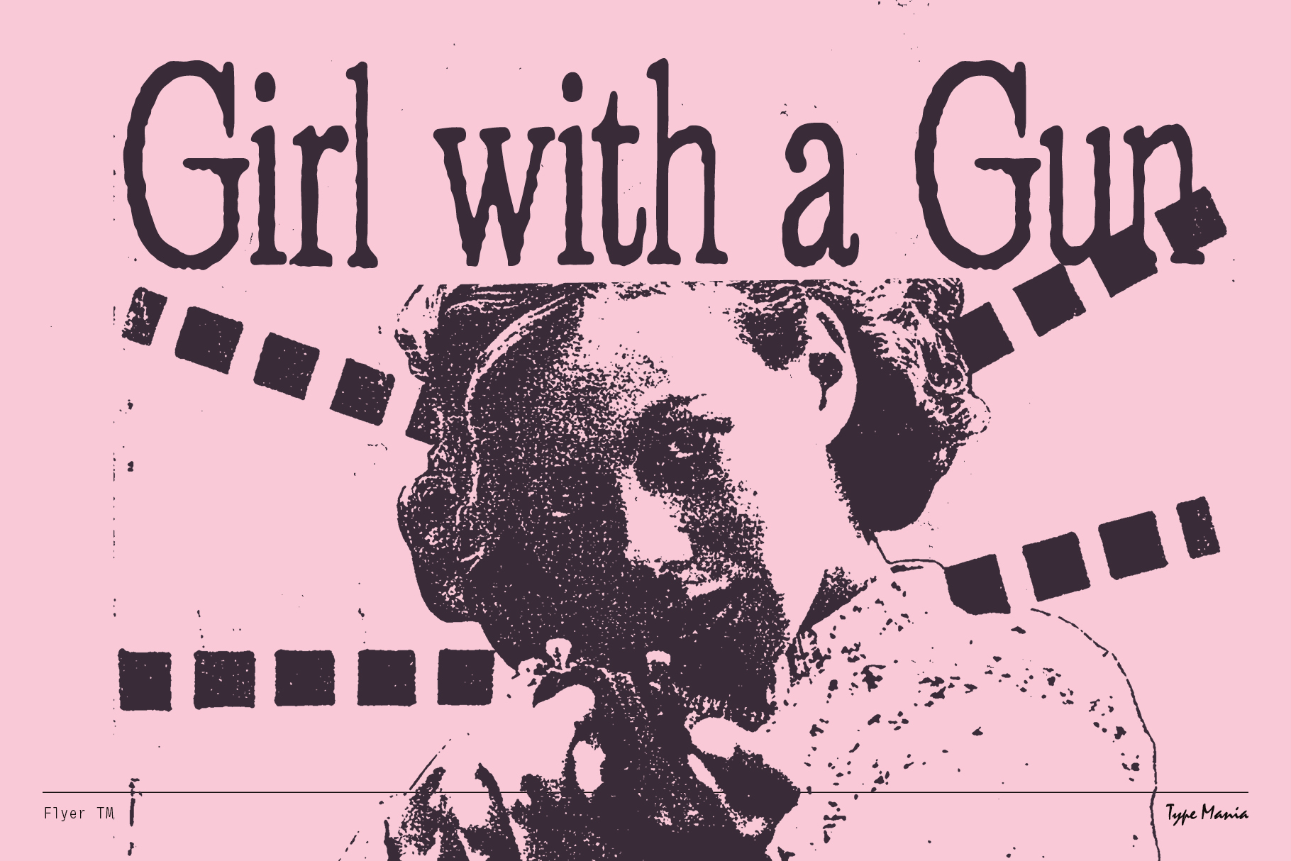 Pink poster showing silhouette head with world map texture girl with gun