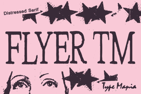 Flyer template with pink background, distressed stars, bold letters, sketched eyes