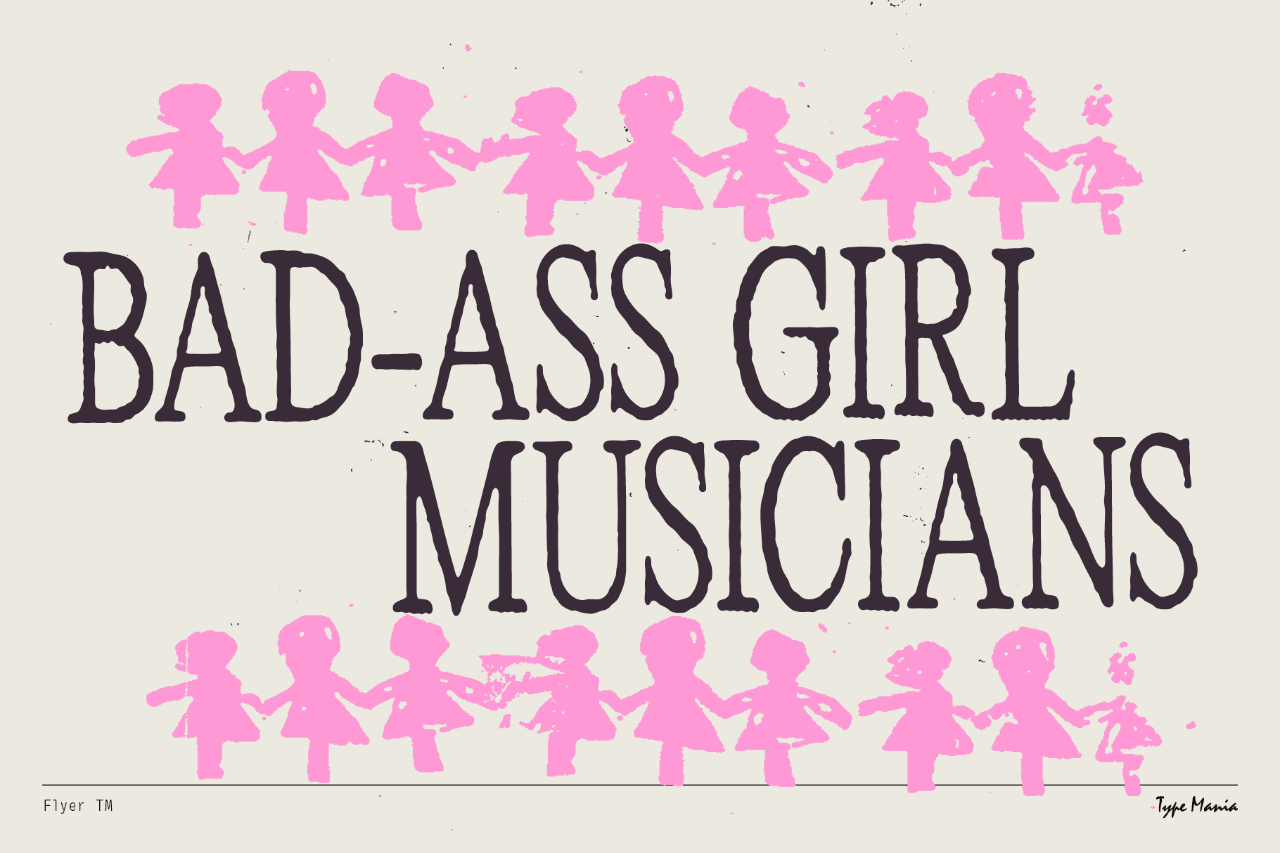 Playful pink cutout girl figures framing bold text bad ass girl musicians