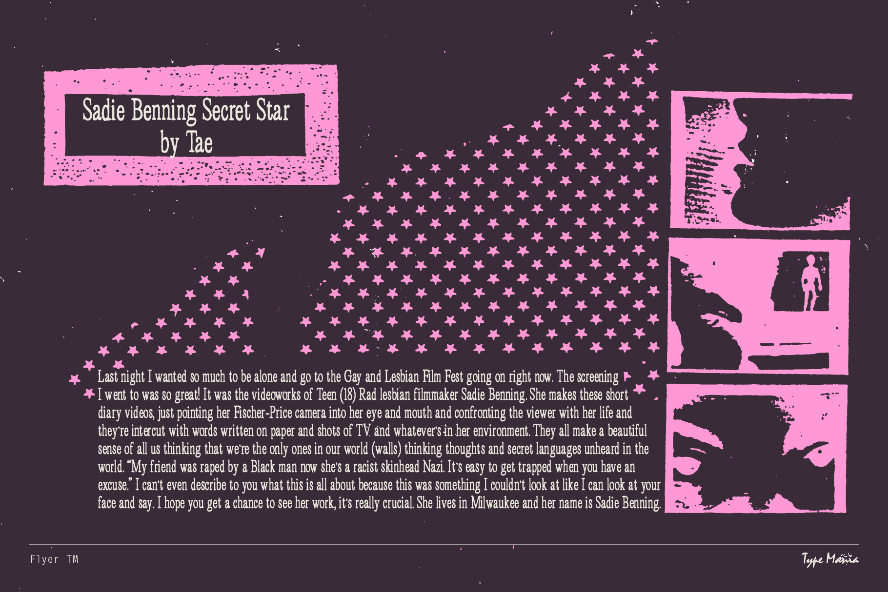 Pink neon book cover layout for sadie benning secret star documentary flyer
