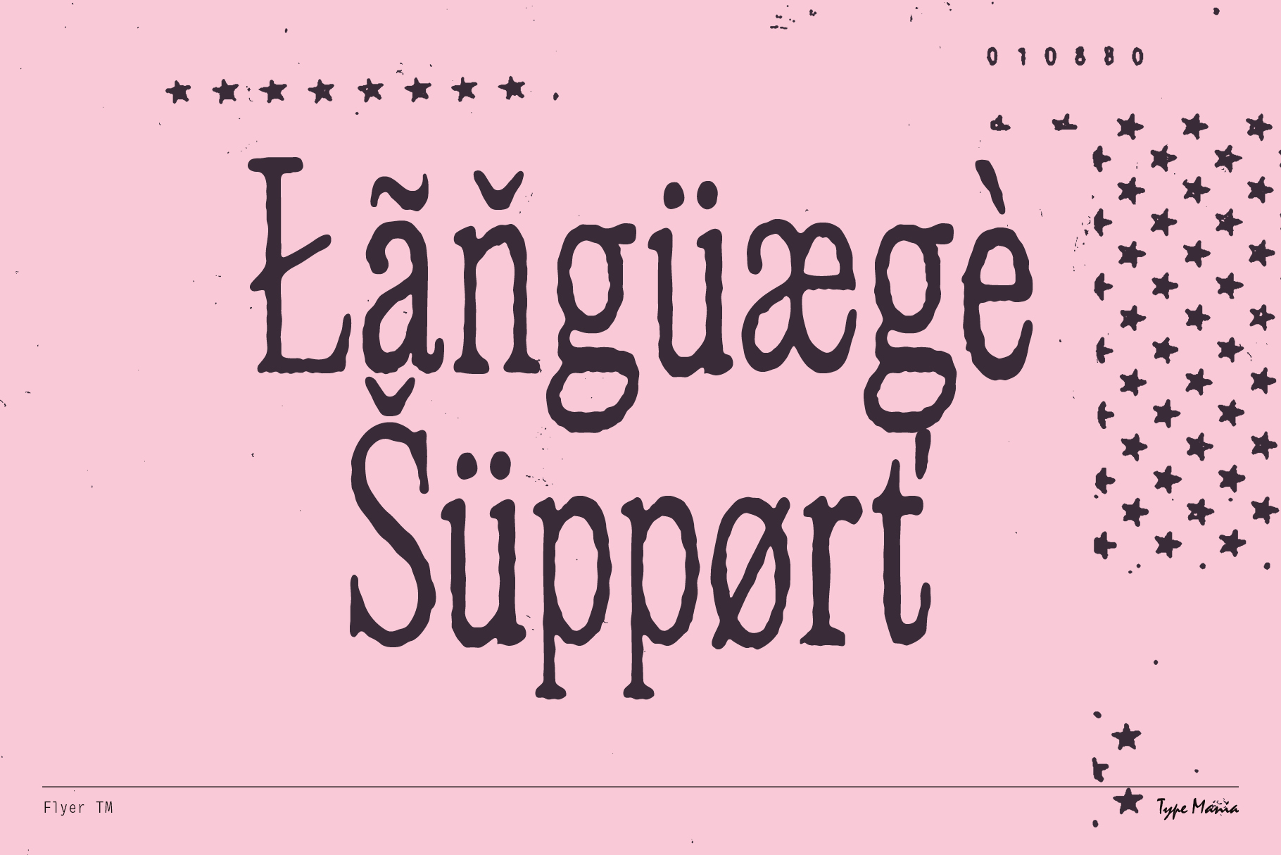 Pink flyer showing language support text in serif font with scattered stars
