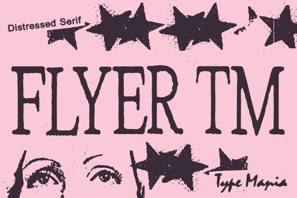 Flyer template with pink background, distressed stars, bold letters, sketched eyes