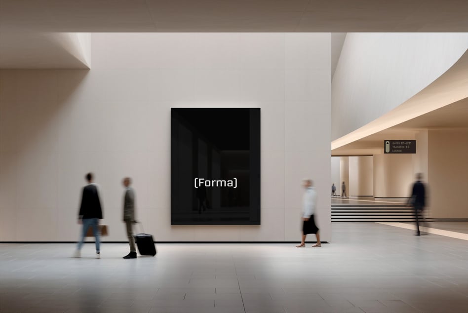 Modern airport terminal with blurred travelers walking past large black billboard display