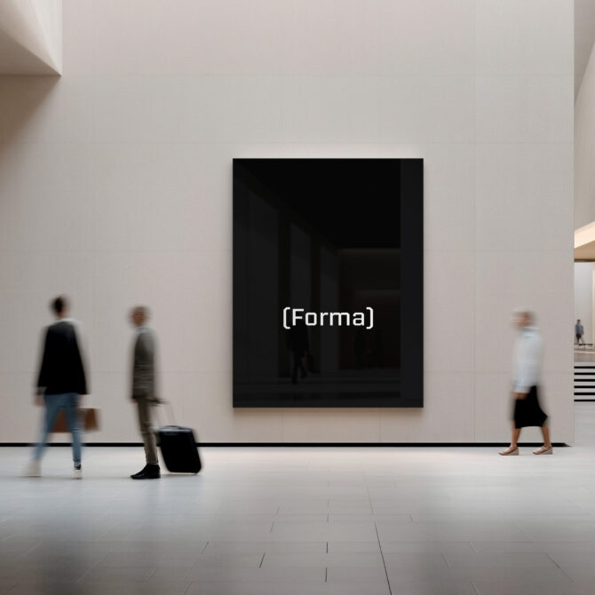 Museum mockup showing large black frame on gallery wall