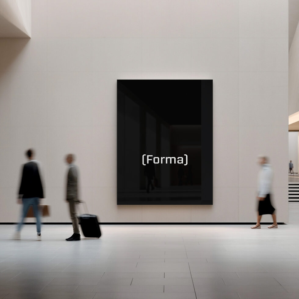 Museum mockup showing large black frame on gallery wall