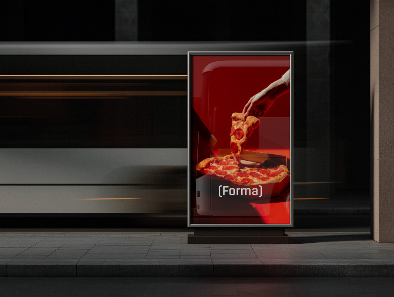 Street storefront display case showing pizza slice being pulled from box on red background