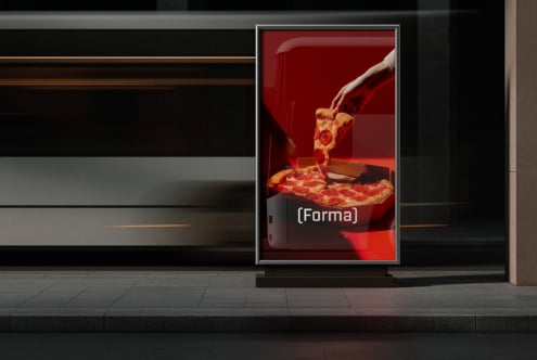 Street-level vertical poster showing melted pizza slice with red glow effect