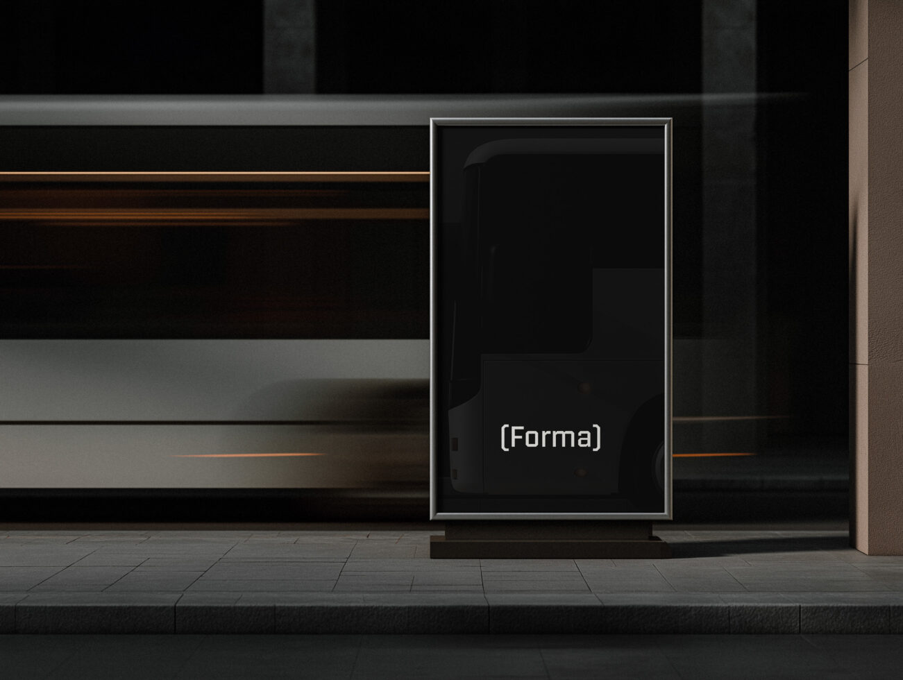 Empty black storefront display case on urban street with concrete surroundings