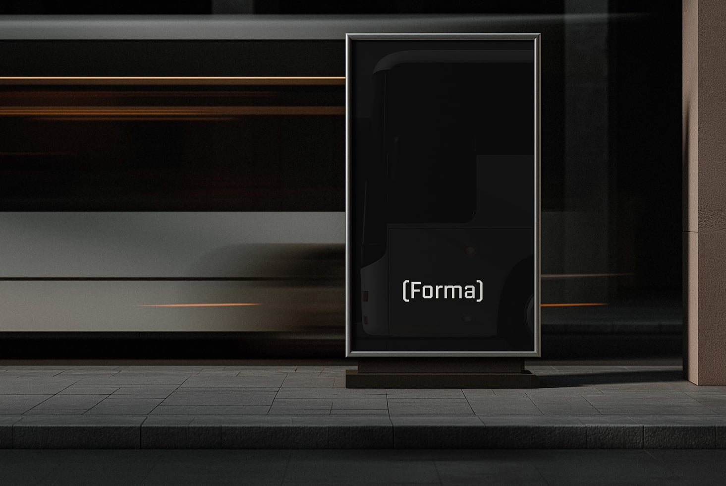 Dark vertical storefront display case mounted on concrete street facade