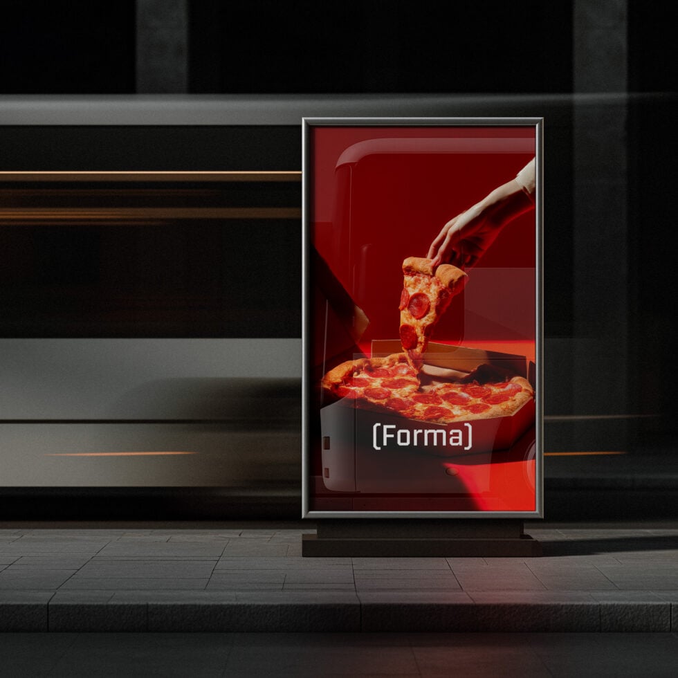 Vertical storefront poster with pizza slice being pulled from open red box