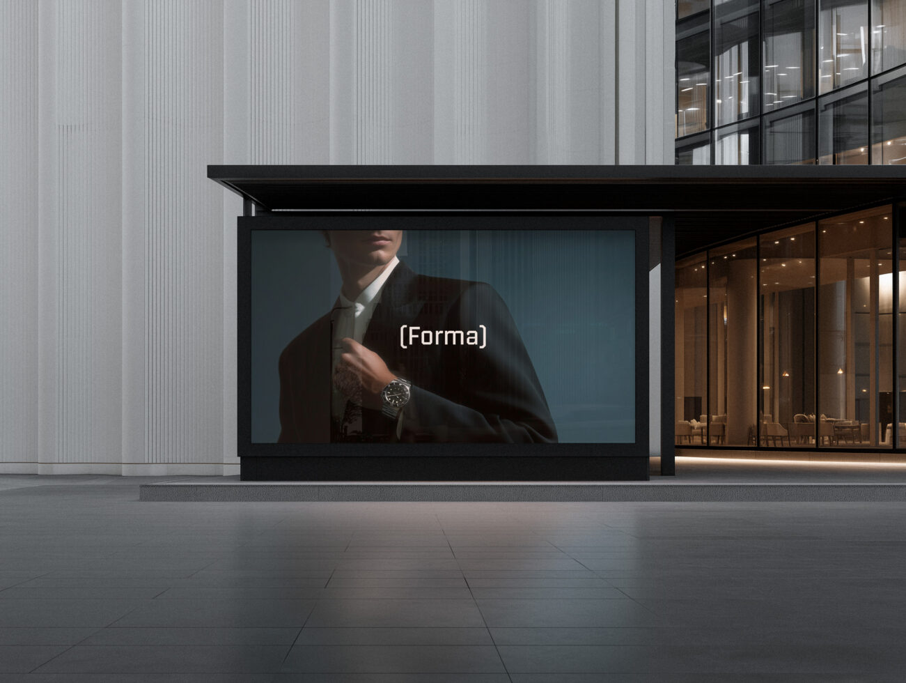 Modern street level billboard with black frame displaying man in dark suit holding watch, Forma text overlay