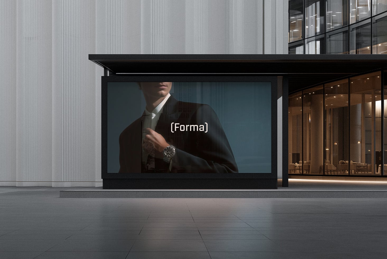 Street billboard mockup with suited man checking luxury watch display