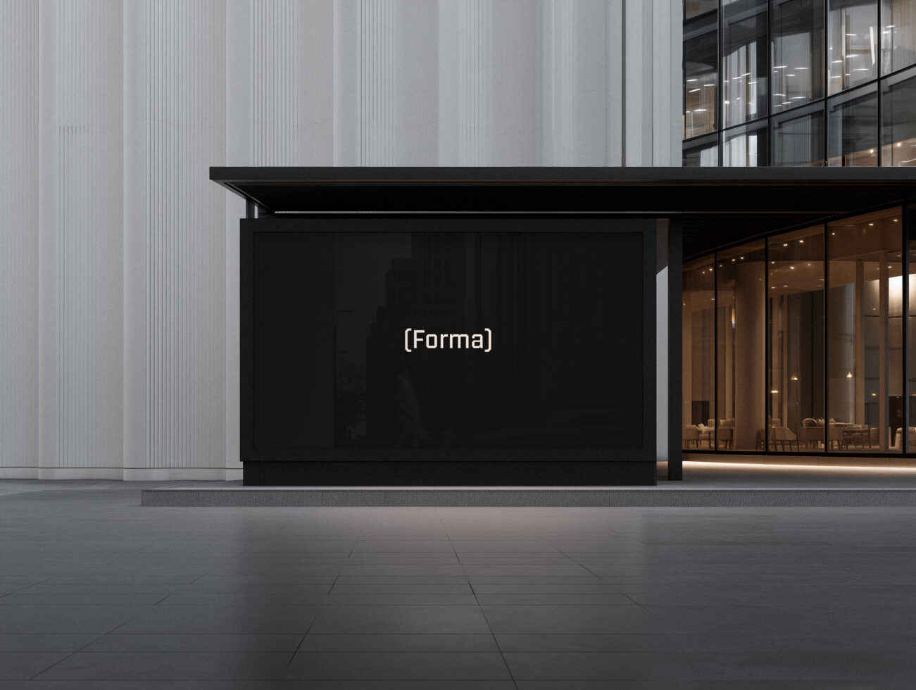 Black storefront kiosk with empty screen on modern street corner