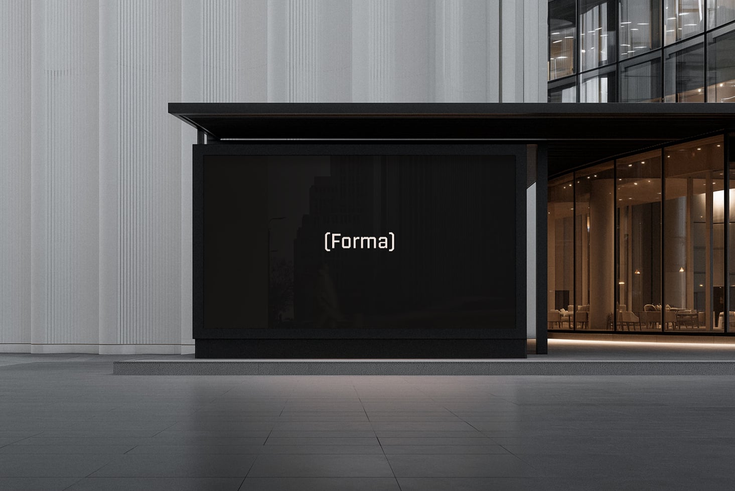 Blank black kiosk mockup against white corrugated building facade