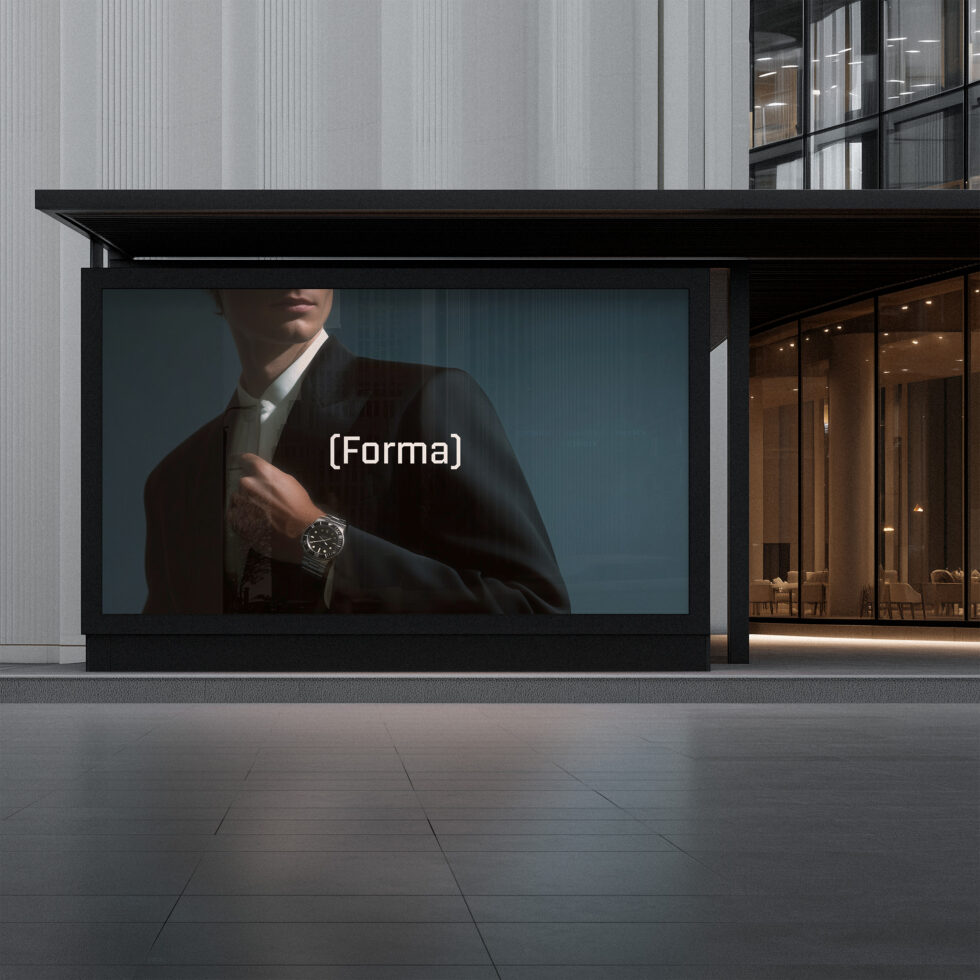 Street-level billboard mockup showing man in business suit with watch