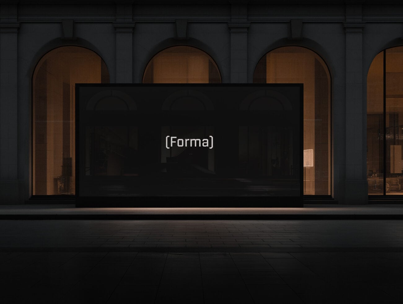 Storefront window mockup with blank dark screen on arched facade
