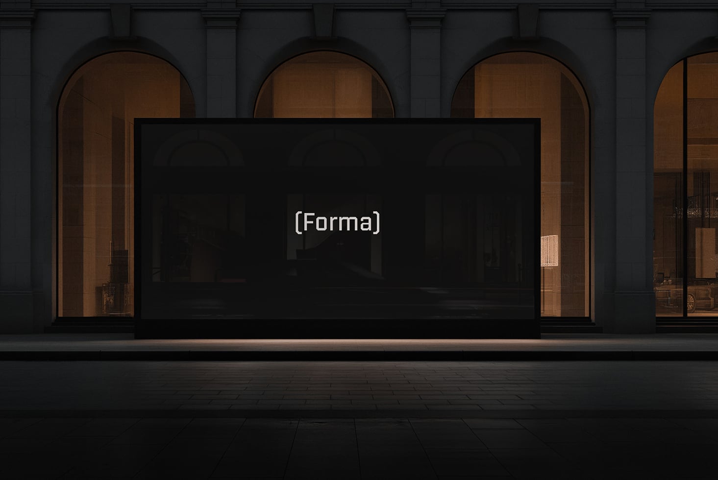 Storefront window mockup with dark screen on classical building facade