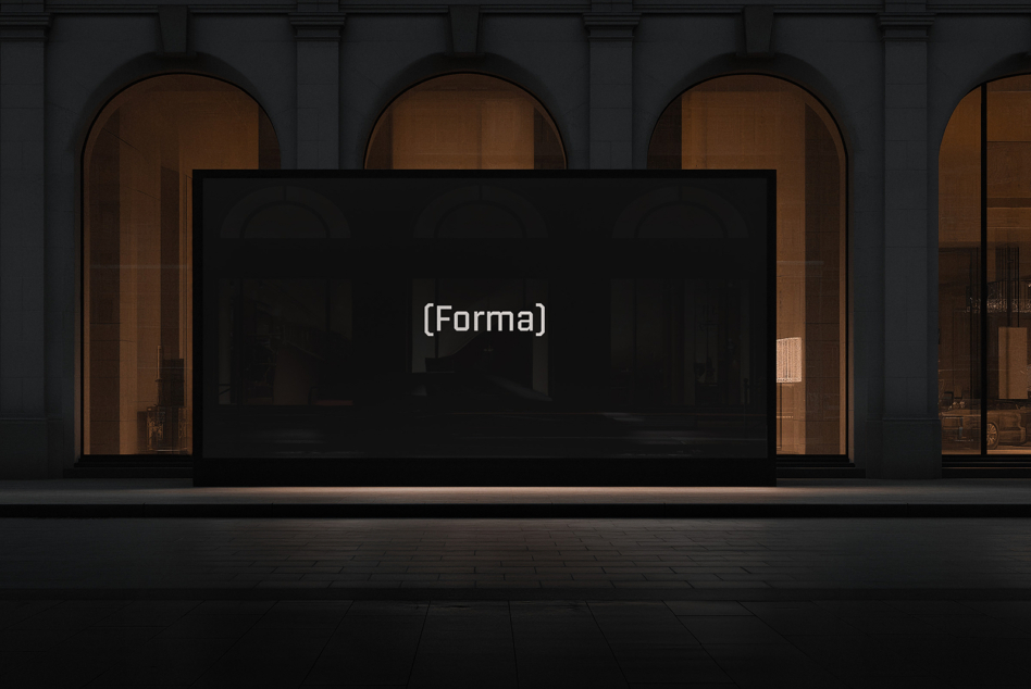 Storefront window mockup with dark screen on classical building facade