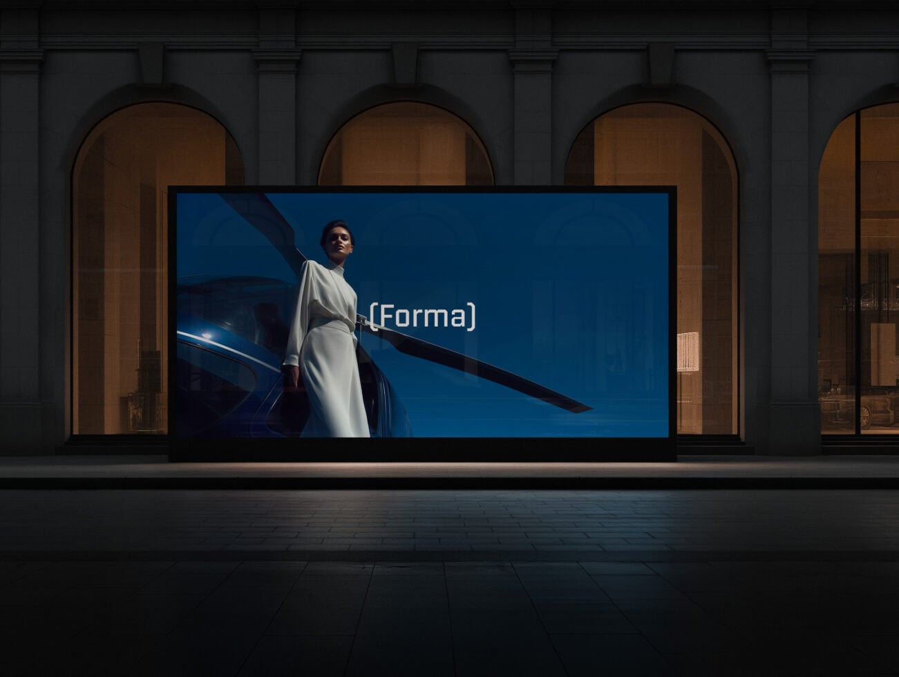 Wide storefront mockup showing woman in white dress on blue screen