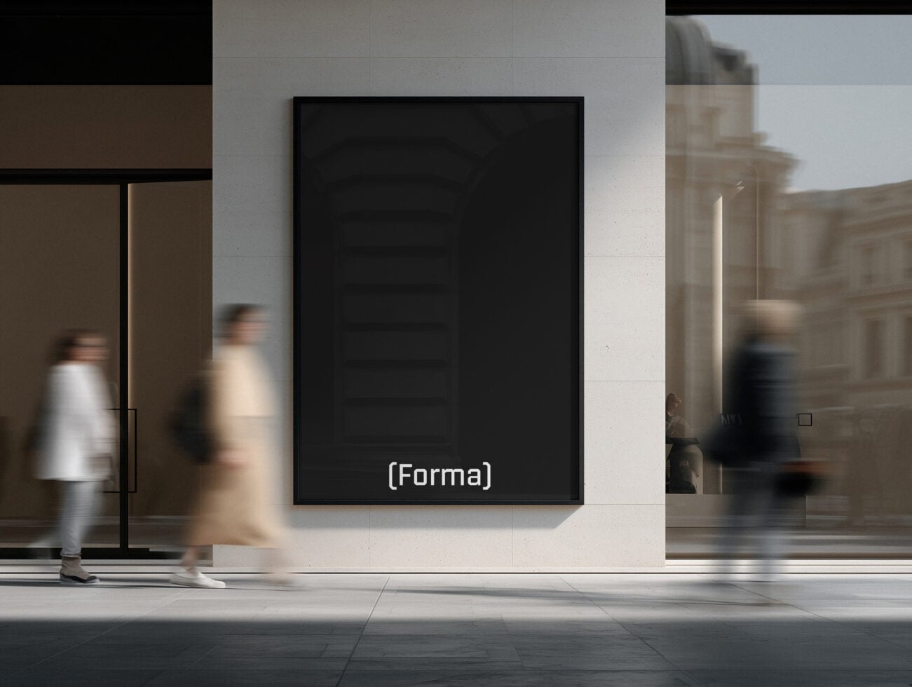 Black framed portrait mockup on white gallery wall with blurred pedestrians