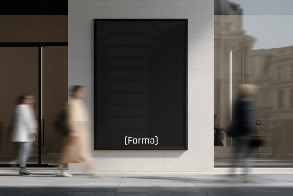 Empty black frame mockup on white wall gallery street scene
