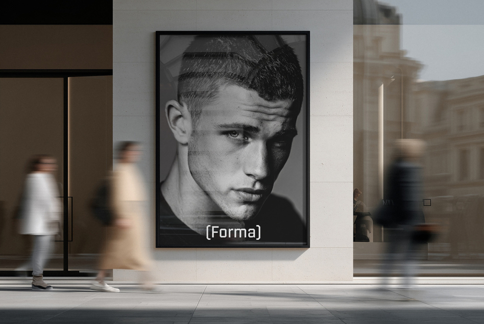 Black portrait frame on minimal wall blurred passersby in background