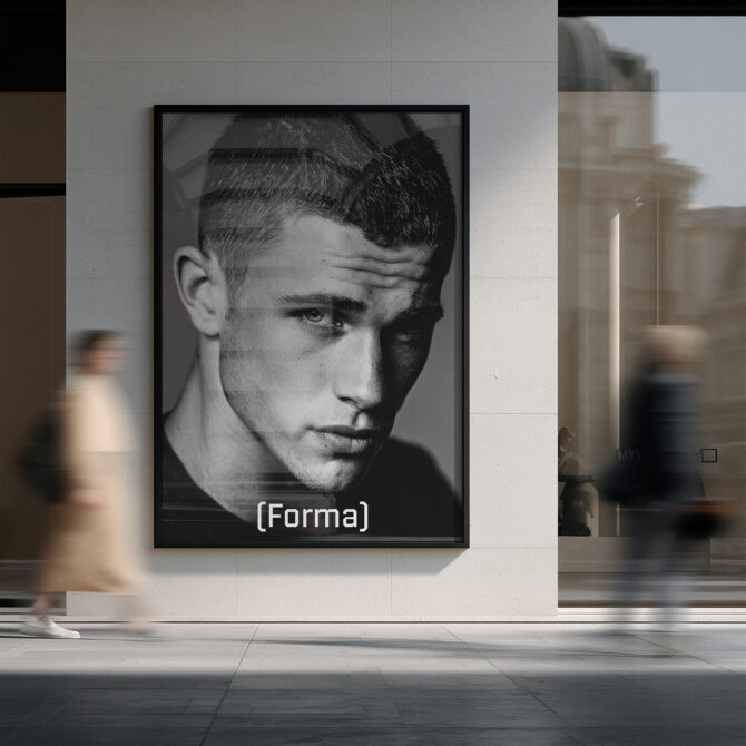 Male portrait in black frame on gallery wall contemporary setting