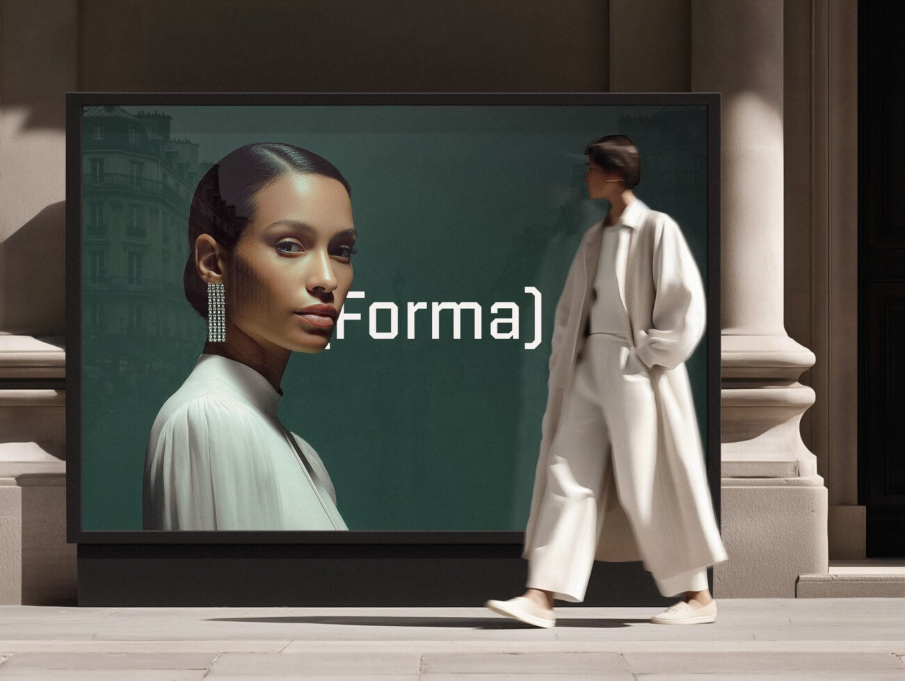 Woman with diamond earrings on teal background next to figure in white coat watching billboard display