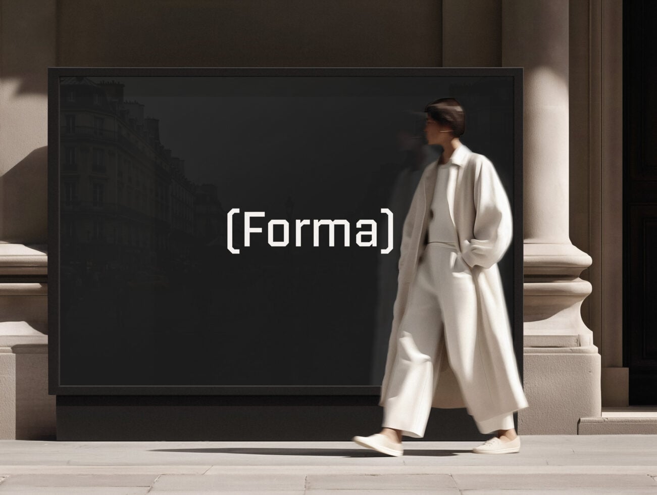 Woman in cream coat standing by horizontal billboard with Forma text display