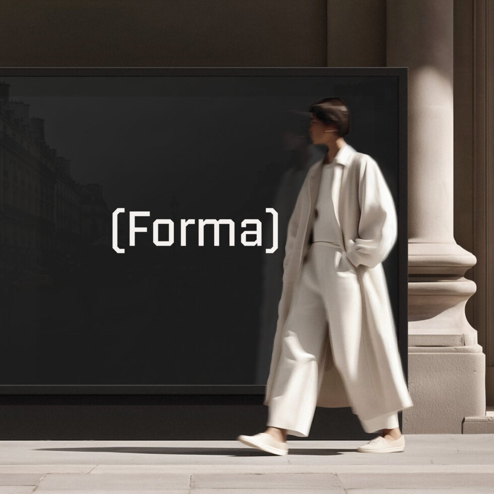 Figure in cream blazer facing dark billboard with bracketed text while standing in modern corridor