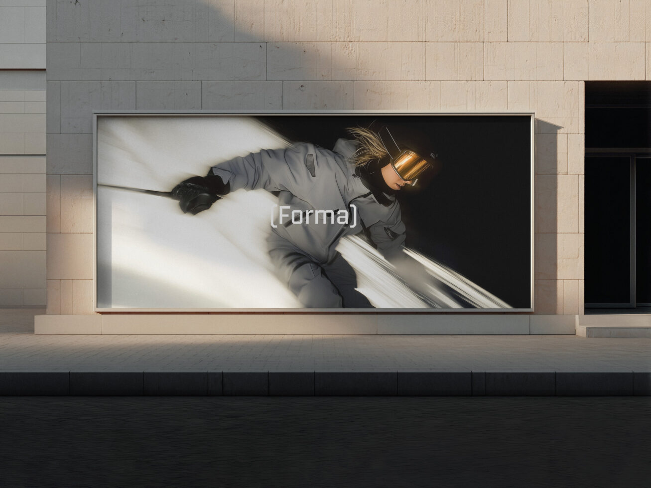 Storefront billboard mockup showing figure in motion with Forma branding overlay