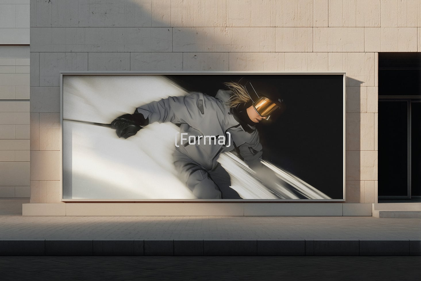 Large storefront billboard showing woman in gray jacket, gold visor, Forma branding