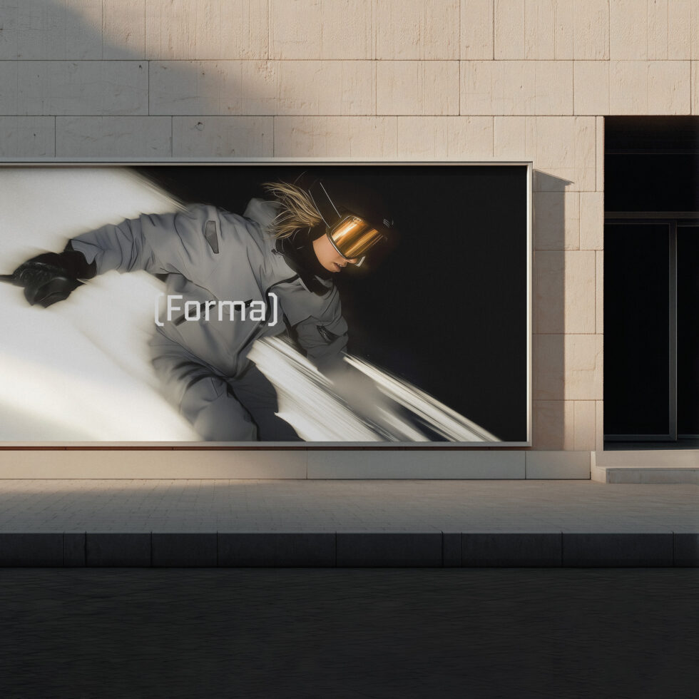 Urban window display mockup featuring dynamic figure pose, Forma logo centered