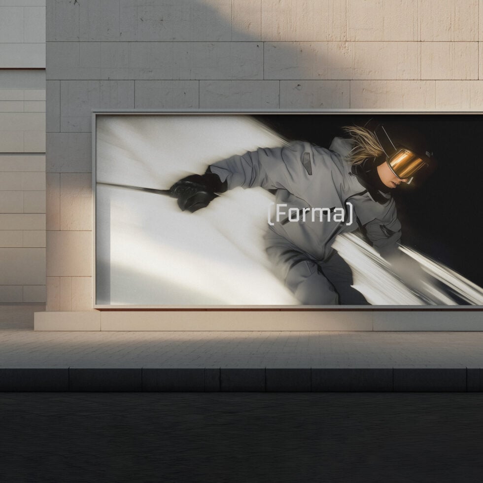 Woman in gray jacket with gold visor on white surface with Forma text overlay