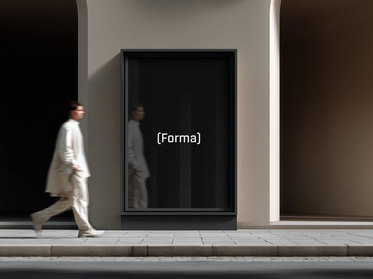 Large framed display on gallery wall with dark screen showing only text logo