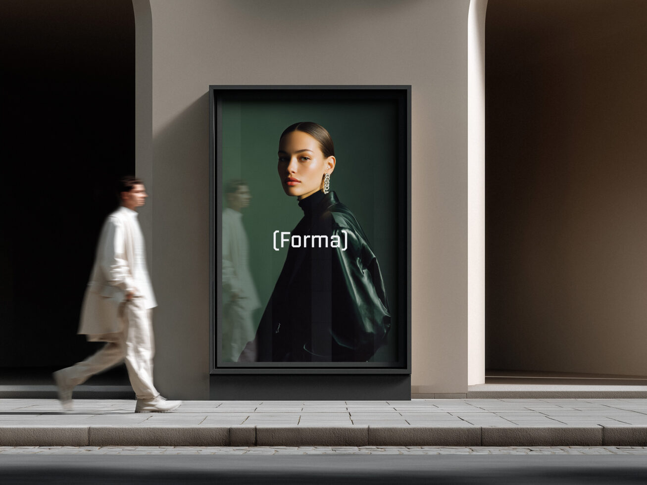 Minimalist gallery frame mockup showing woman in green background with text overlay